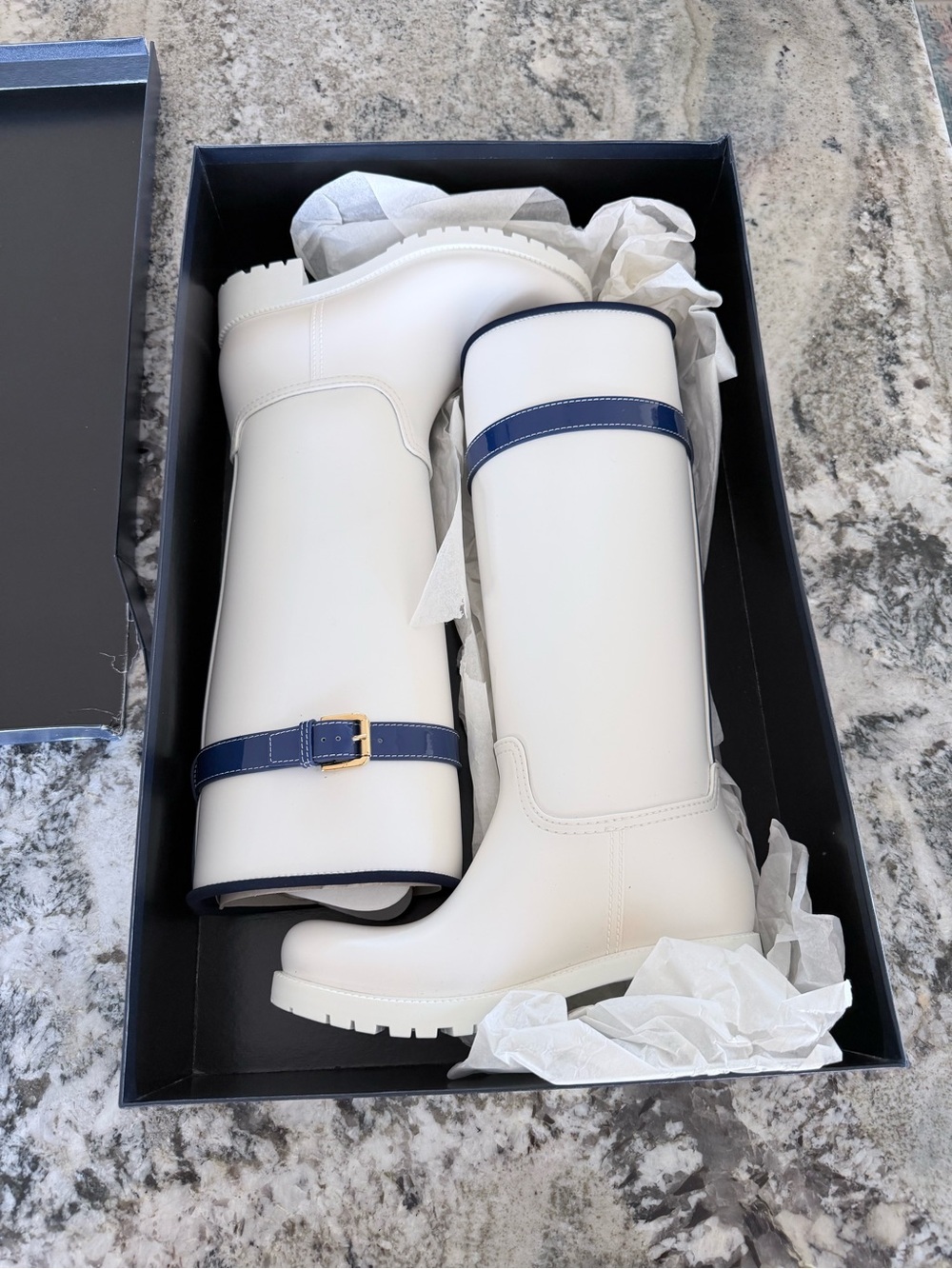 Ralph Lauren Cream Knee-High Rain Boots with Navy Trim